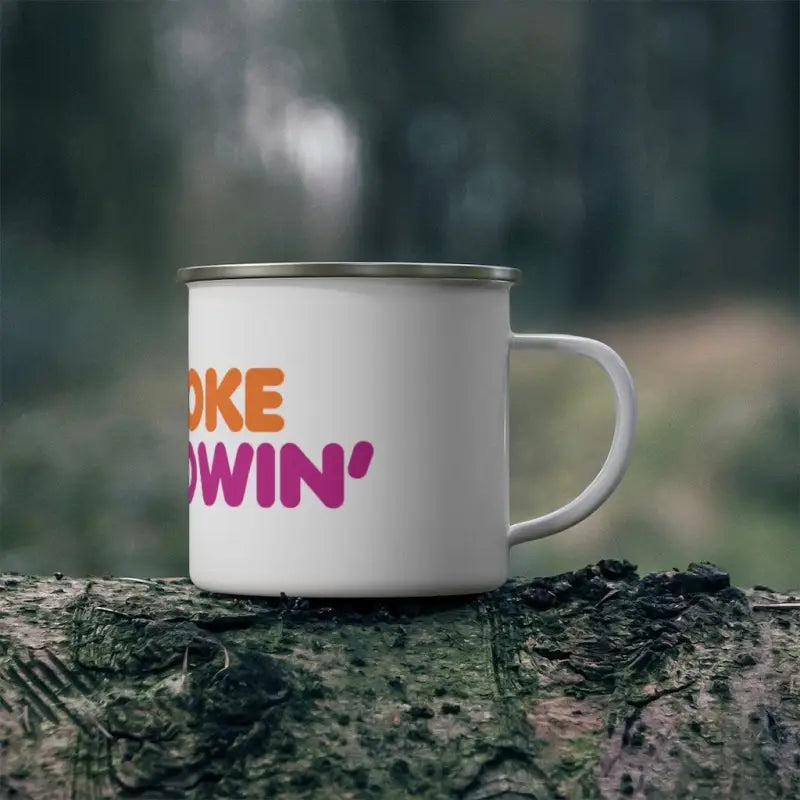 White enamel mug with colorful text OKE OWIN for Smoke Showin Camping Mug