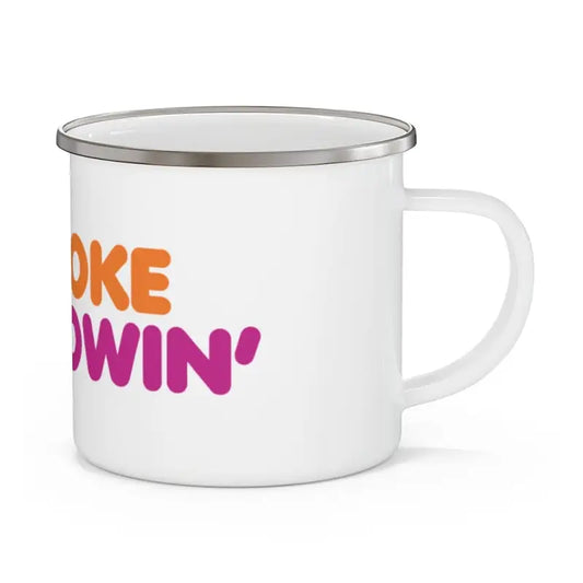 White enamel DD Smoke Showin Camping Mug with DUNKIN text in orange and pink colors