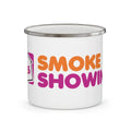 White enamel DD Smoke Showin Camping Mug featuring orange and pink smoke showin text