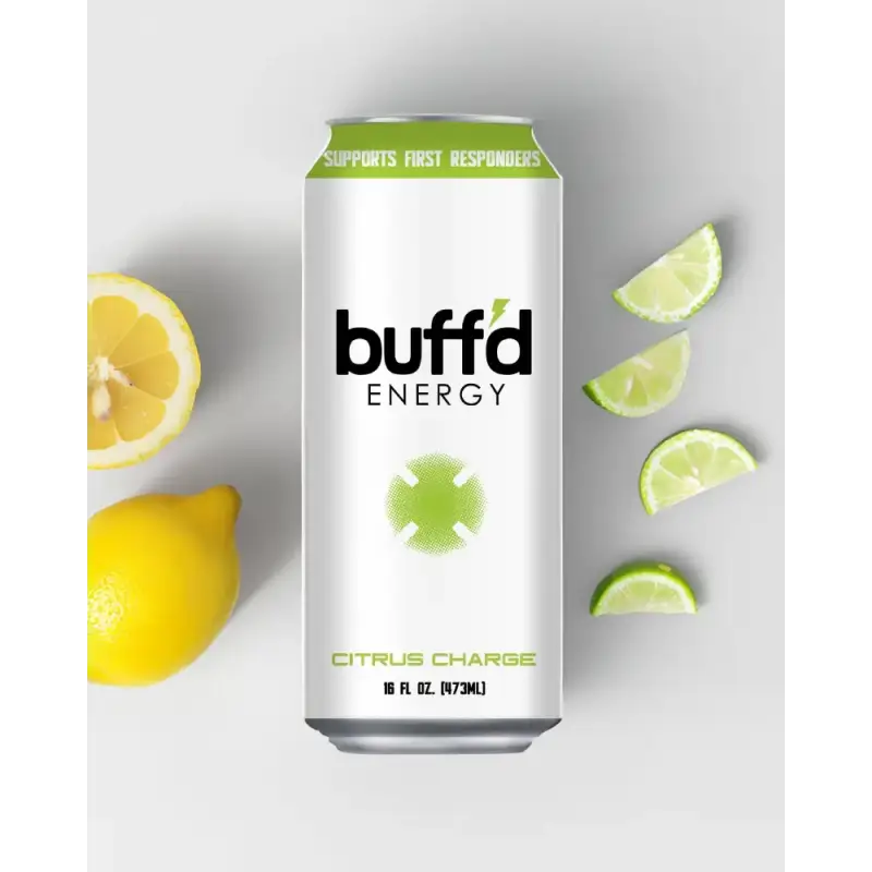 Buff’d Energy variety pack with citrus charge flavor white can and green accents