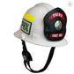 White structural helmet with Phenix badge and black chin strap for firefighters