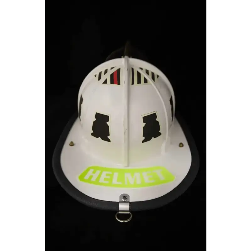 White firefighter helmet with ventilation slots and black designs for IdentiFire™ Helmet Nameplates