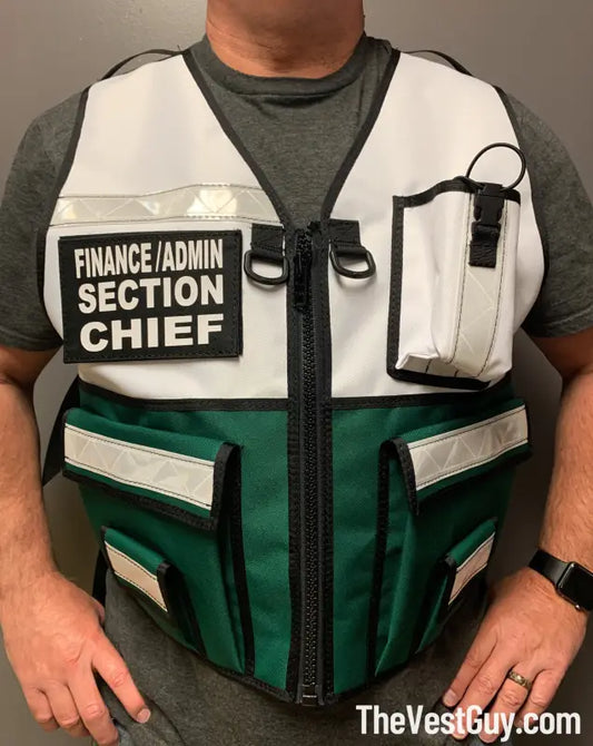 White and green Two Tone Safety Vest with Finance/Admin Section Chief patch