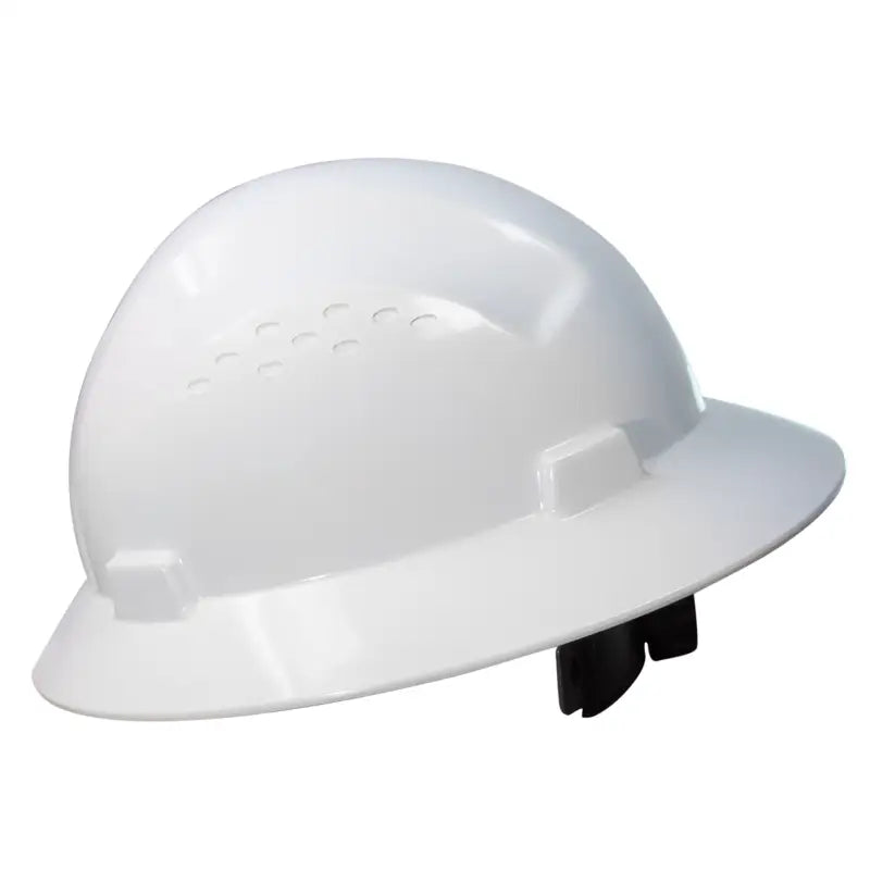 White Full Brim Safety Hard Hat with 4 Point Suspension meeting ANSI Z89 standards