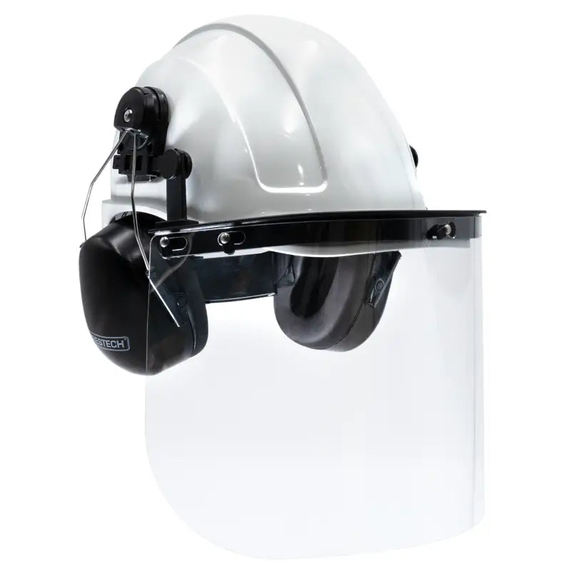 White cap-style hard hat kit with mountable earmuffs and hi-transparency face shield