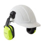 White hard hat with neon earmuffs for 23dB NRR noise cancelling hearing protection