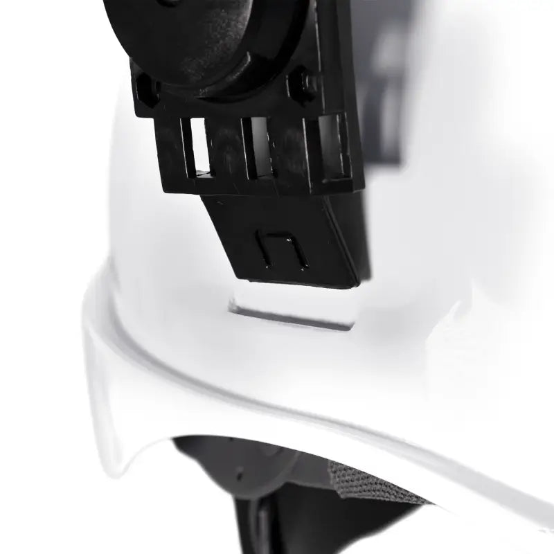 White cap-style hard hat with black accessory mount for Hi-Transparency Face Shield