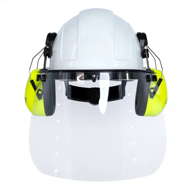 Cap-style hard hat kit with lime mountable earmuffs and hi-transparency face shield