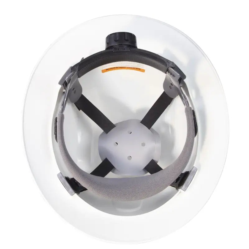 Interior view of White Full Brim Safety Hard Hat with 4 Point Suspension, ANSI Z89 compliant