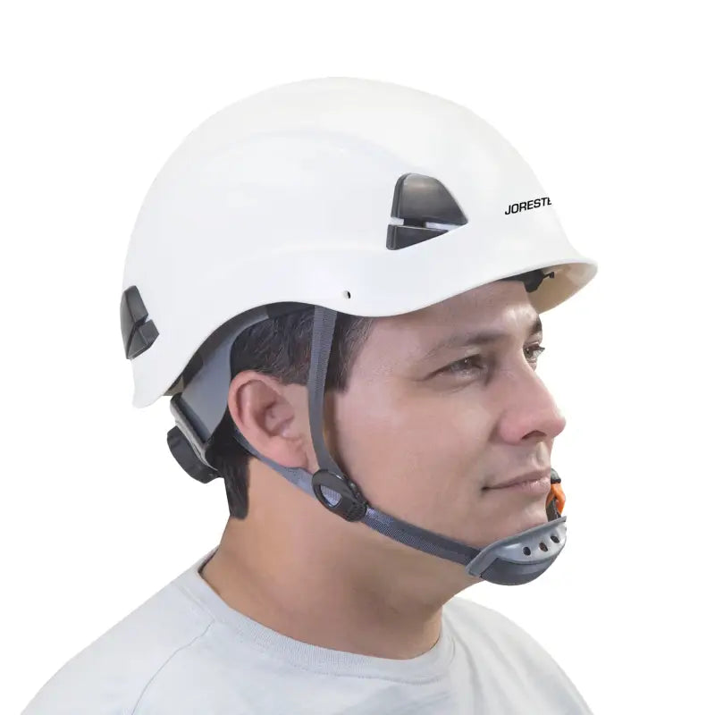 White rescue hard hat with adjustable 6 point ratchet suspension and chin strap