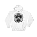 White hoodie with black Celtic Maltese Cross design for a stylish Maltese Cross Hoodie