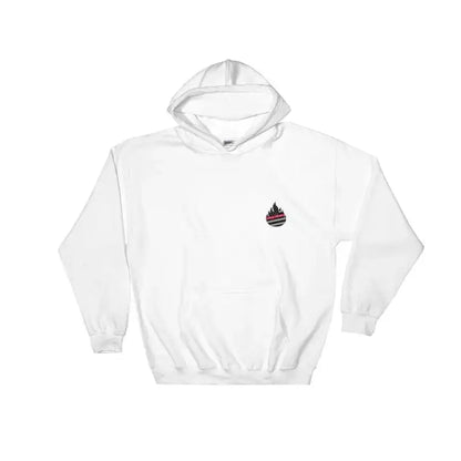 White hooded sweatshirt with flame logo, part of It’s In My DNA Hoodie collection