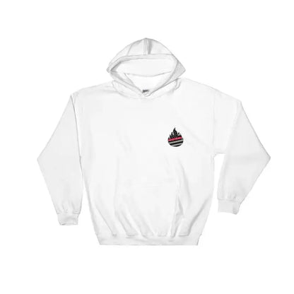 White hooded sweatshirt with flame logo, perfect for first responders, available in sport grey