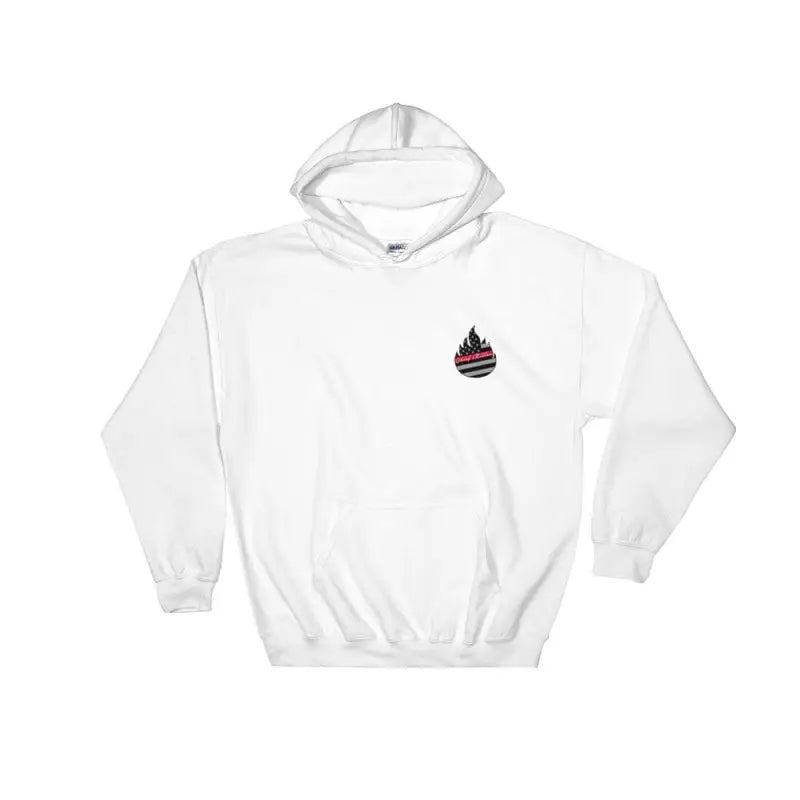 White hooded sweatshirt featuring Black Cloud Monster flame logo on chest