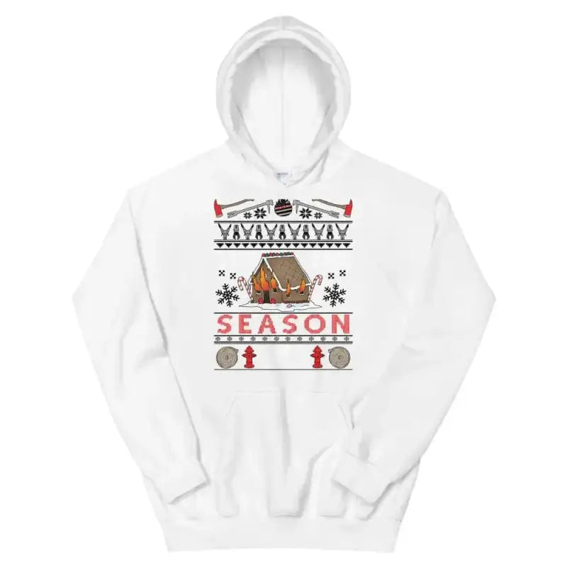 White Ugly Christmas Hoodie with gingerbread house design and SEASON text