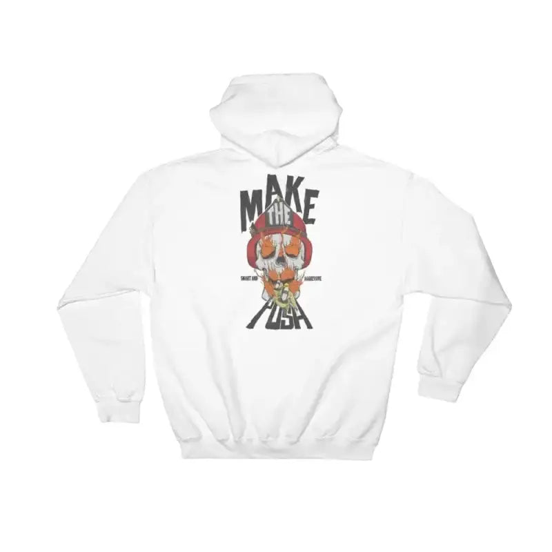 White hooded sweatshirt with skull graphic and Make Me Dead text for first responders