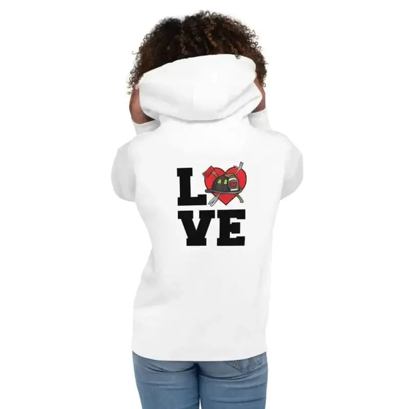 White Womens Love Hoodie with cartoon ninja design and pouch pocket on the back