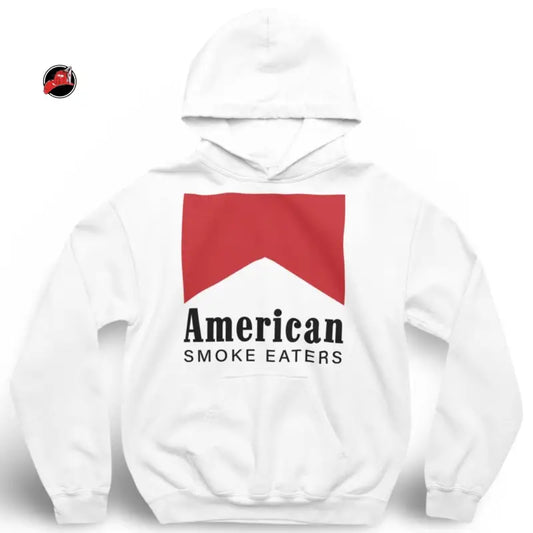 White Smoke Eater Hoodie featuring a red geometric logo and American Smoke Eaters text