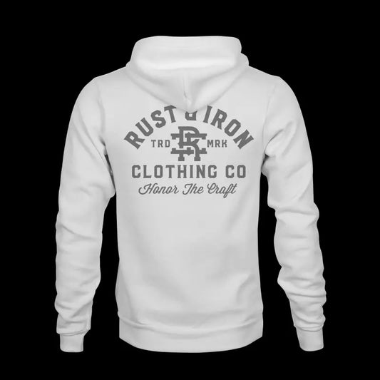 White Classic Hoodie in Ring Spun Cotton with Rust & Iron Clothing Co logo on back