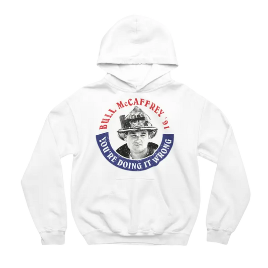 White Bull Hoodie sweatshirt featuring a circular campaign-style logo for first responders