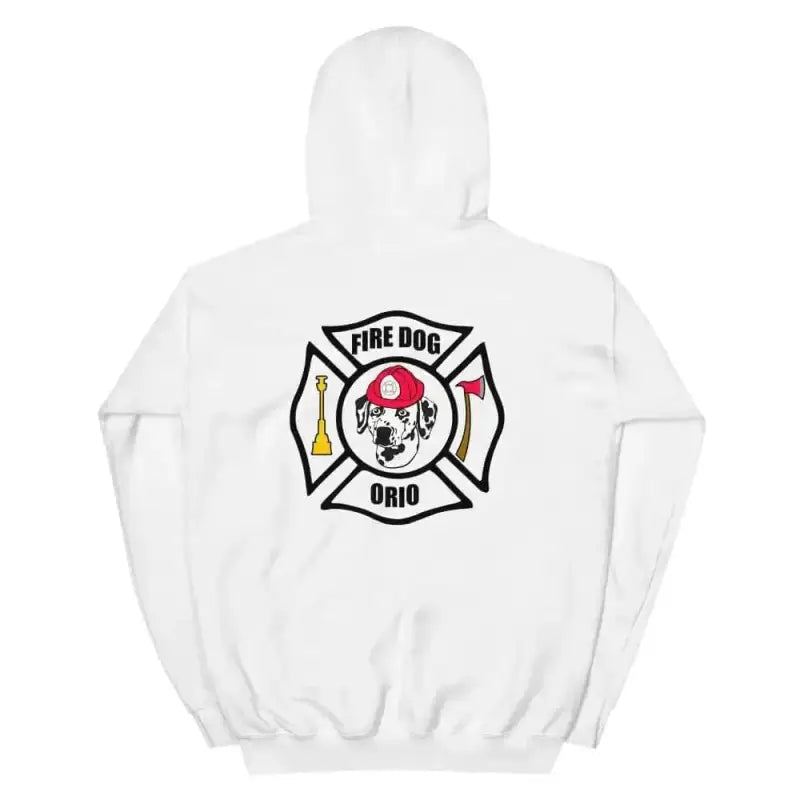 White dog unisex hoodie featuring Dalmatian fire dog logo on back, perfect for casual wear