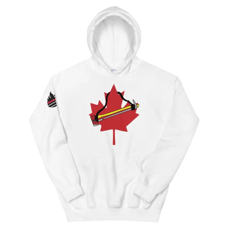 White Canada Unisex Hoodie with red maple leaf and diagonal stripes design