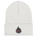 White Cuffed Beanie- Chief Miller with black and red flame logo embroidered front