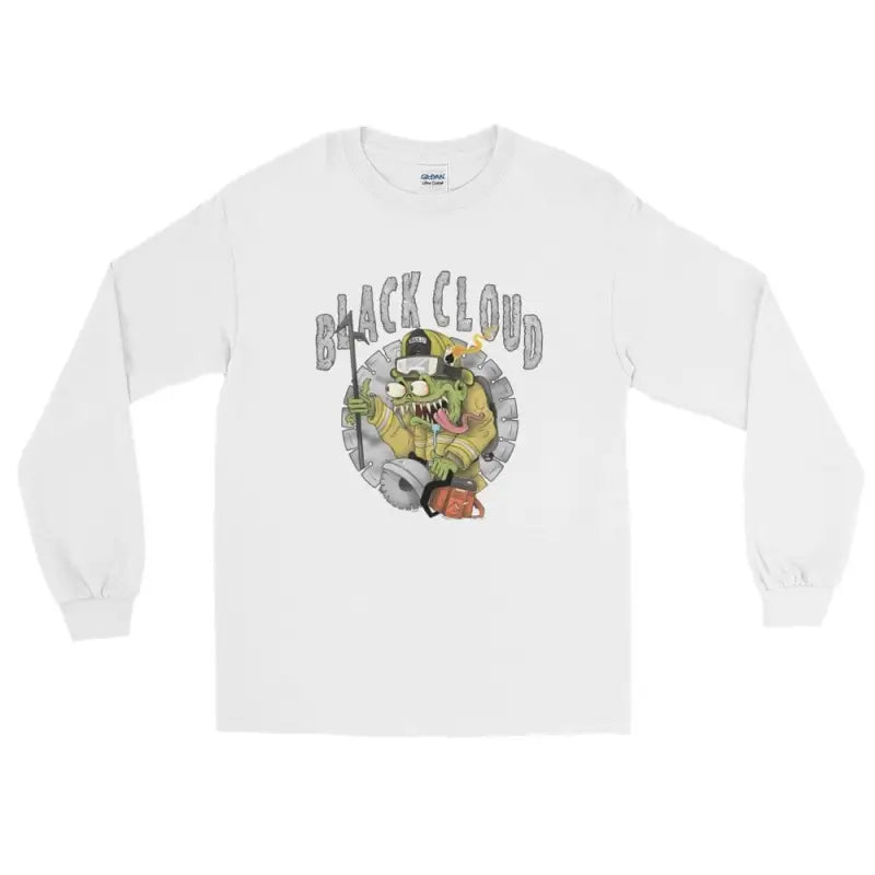 White long-sleeve t-shirt featuring Black Cloud Monster graphic with nature elements