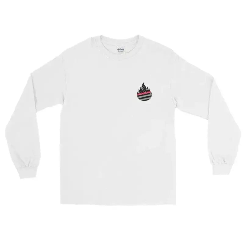 White long sleeve t-shirt with small flame logo for Snake On A Fire Stick collection