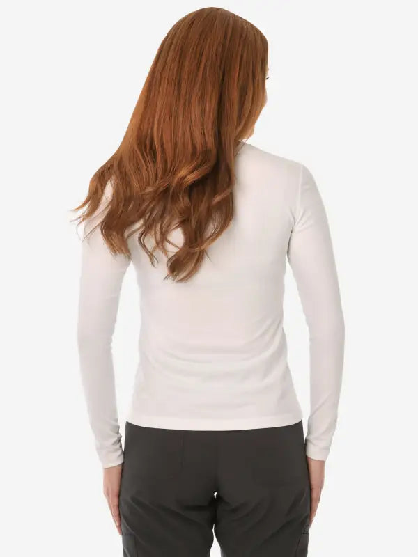 White long-sleeved fitted sweater back view for Women’s Long-Sleeve Underscrub