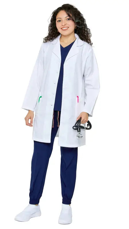 Women’s Multi-Pocket Long Lab Coat Medical Uniform over navy blue scrubs with colorful accents