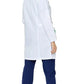 Women’s Multi-Pocket Long Lab Coat worn over navy blue scrubs for medical professionals