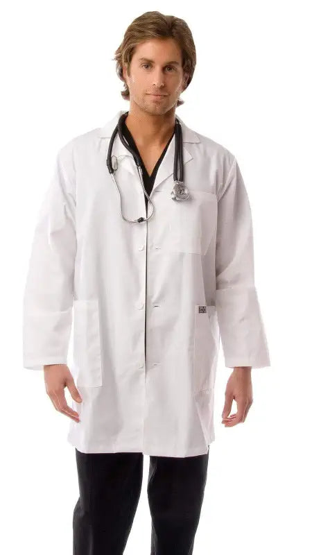 White Men’s Multi-Pocket Long Lab Coat Medical Uniform with stethoscope around collar