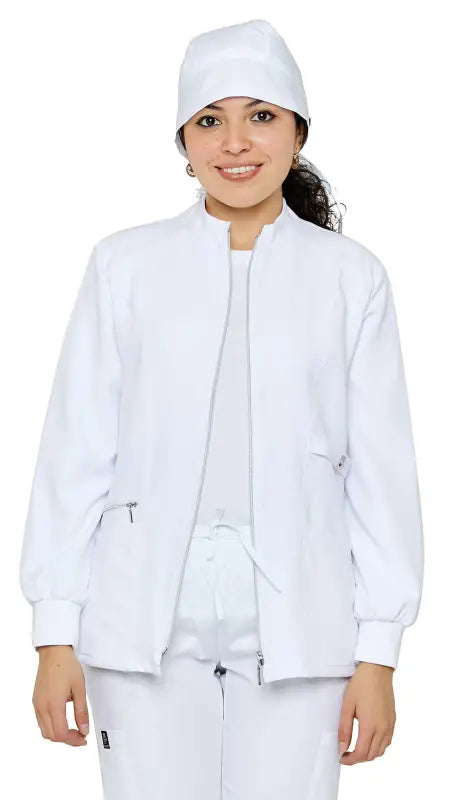 White Women’s Stretch Zipper Warm Up Uniform Jacket with zip front and knit cuffs