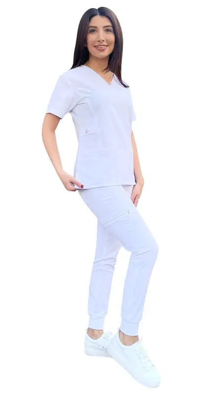 White Women’s Stretch Slim Fit Zipper Jogger Uniform with Short Sleeves and Matching Pants