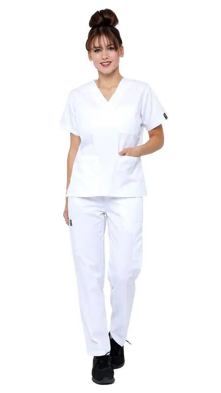 White women’s classic pocket uniform scrubs with short sleeves and pen slot in pants