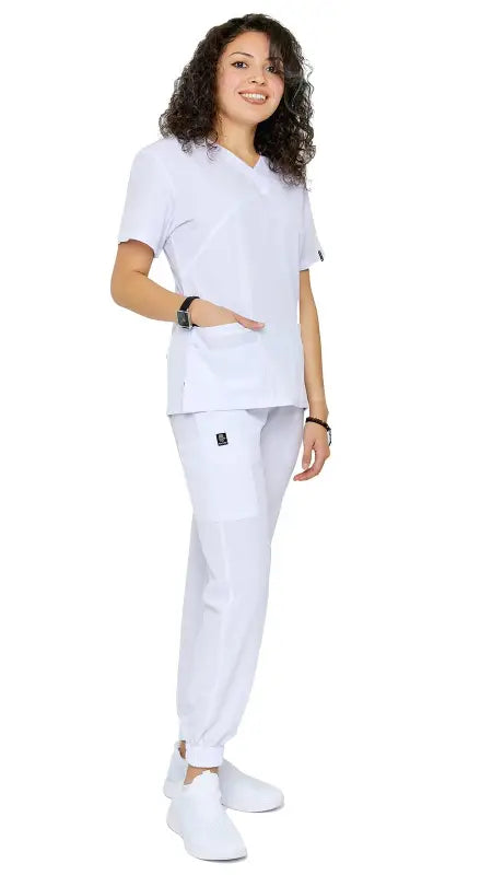 White Women’s 4-Way Extreme Stretch Jogger Scrubs with short-sleeved top and full-length pants