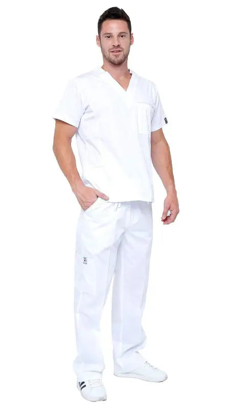 White Men’s Multi Pocket Utility Medical Scrubs featuring a v-neck top and matching pants