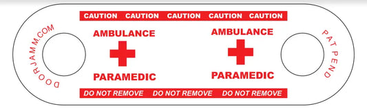 White medical tag with red text and cross symbols for Ambulance Paramedic DoorJamm