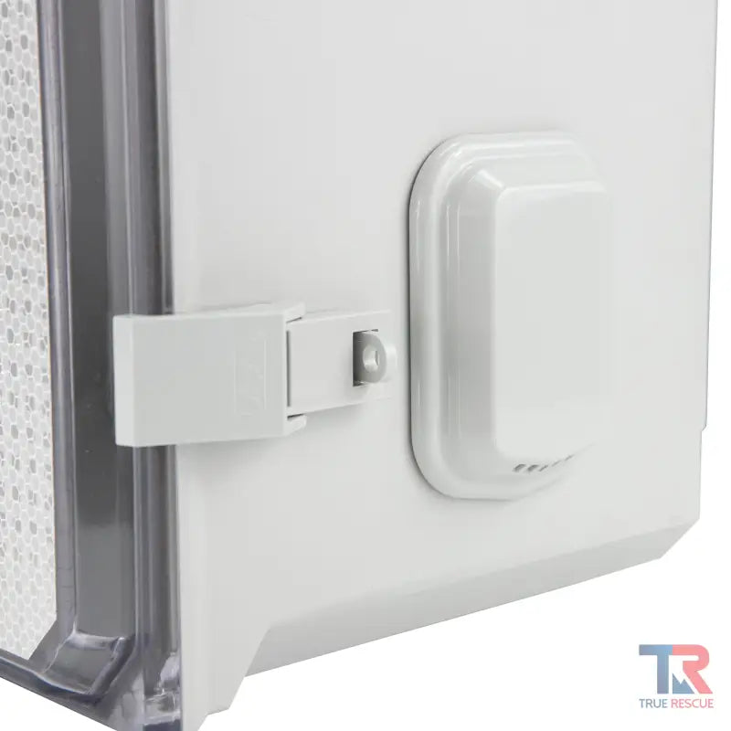 White plastic cabinet latch on Outdoor Bleeding Control Cabinet for safety and security