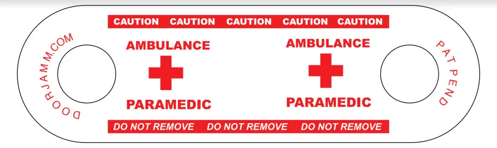 White plastic Ambulance Paramedic DoorJamm tag with medical symbols and red text