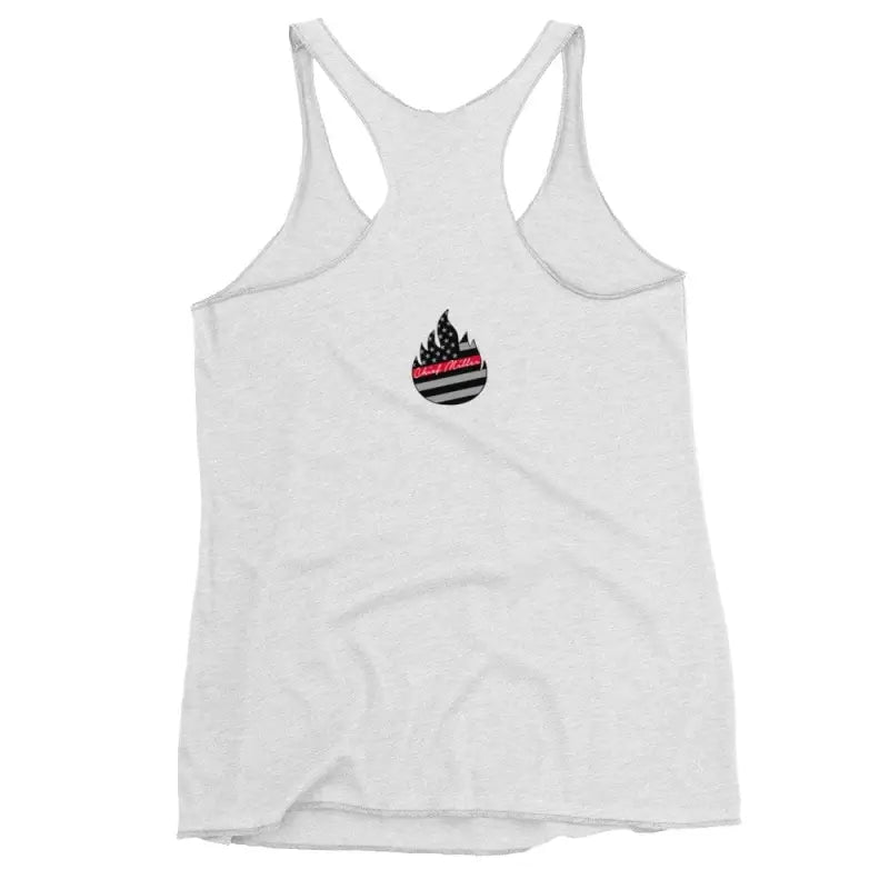 White EMS Women’s Racerback Tank with black and red flame logo for tattoos matter fans