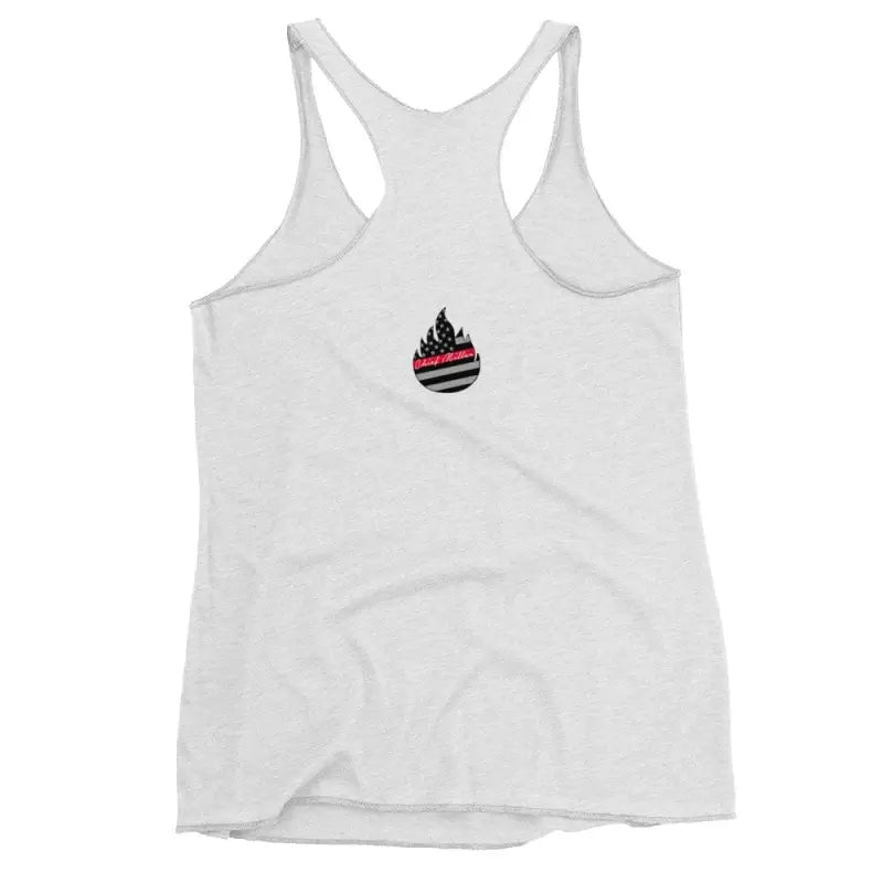 White Police Women’s Racerback Tank with flame logo, perfect for showing tattoos matter