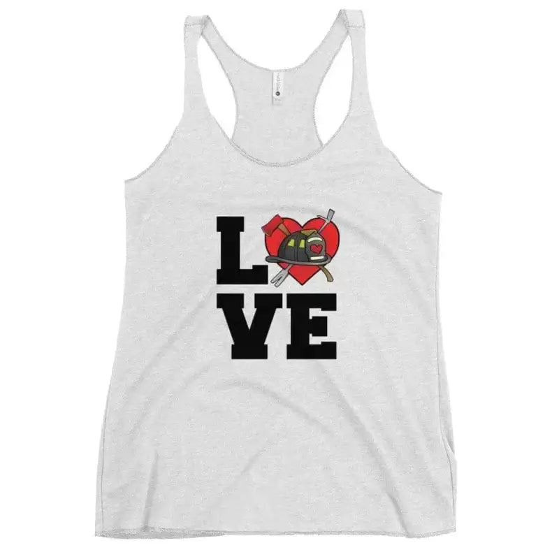 White racerback tank with LOVE text and helicopter heart graphic in shocking pink