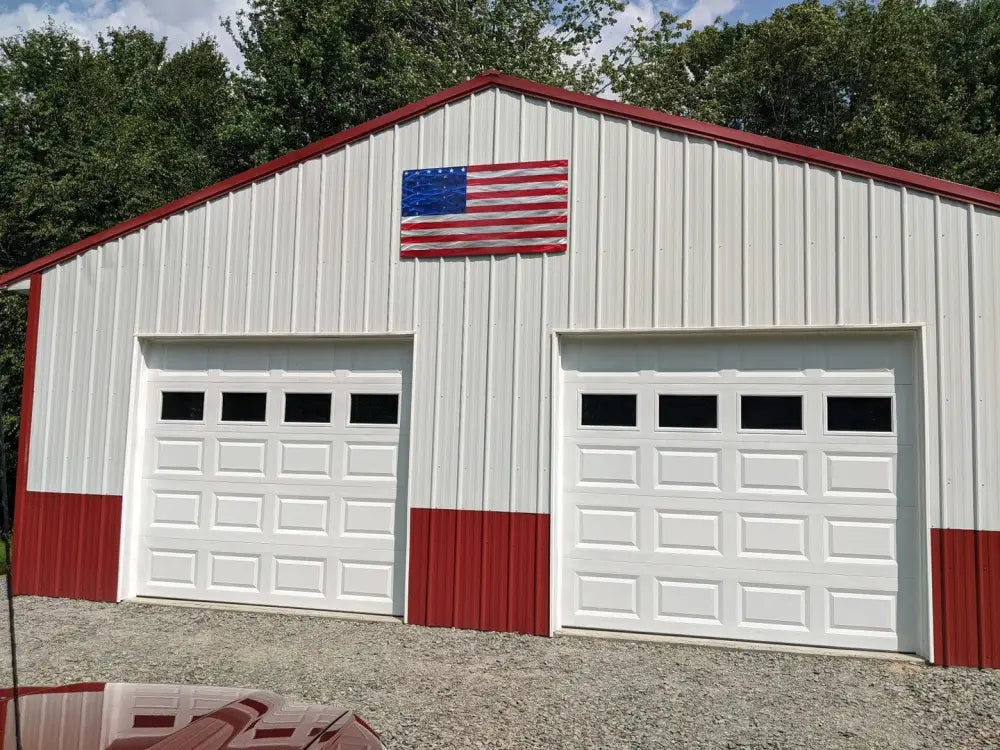 White and red barn-style garage with American flag for Firefighter American Flag product