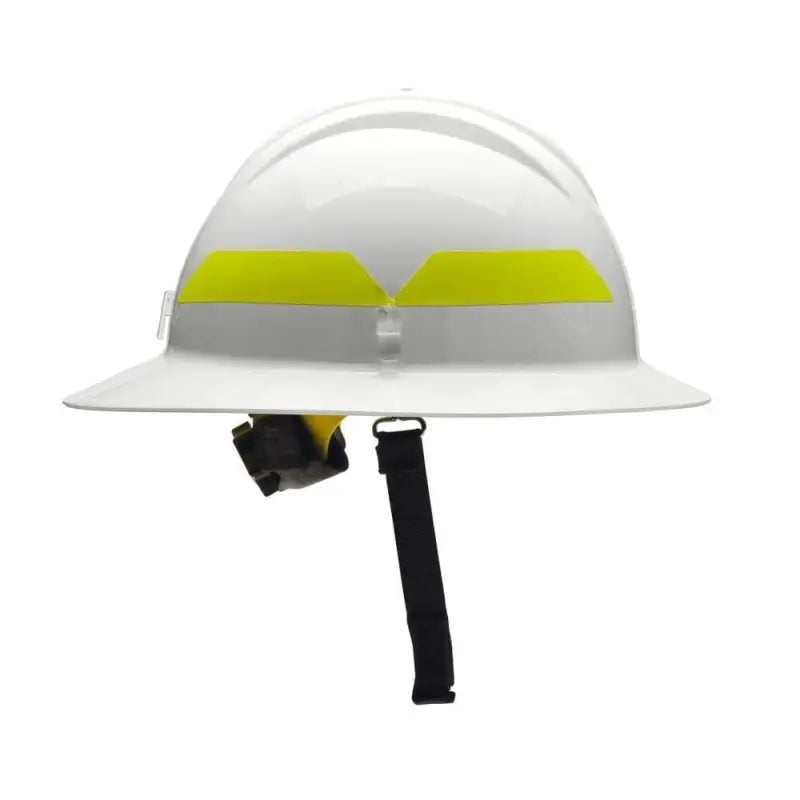 White Bullard Full Brim Wildland Helmet with hi-viz lime yellow reflective stripes