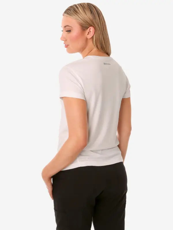 Back view of a White Women’s Short-Sleeve Underscrub for comfort and style