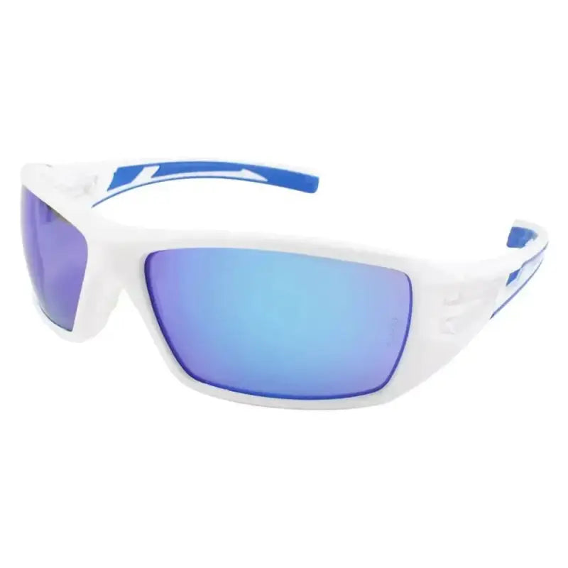 White METEL M30 Safety sunglasses with blue mirror lens and blue accents for outdoor use