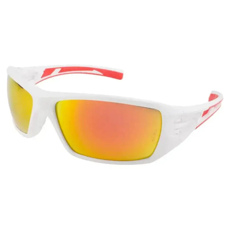 White METEL M30 Safety Sunglasses with orange-red mirrored lenses and red accents