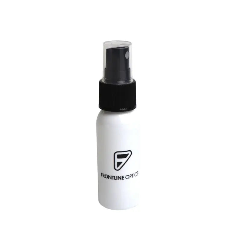 White spray bottle with black nozzle featuring Frontline Optics logo for Frontline Lens Cleaner